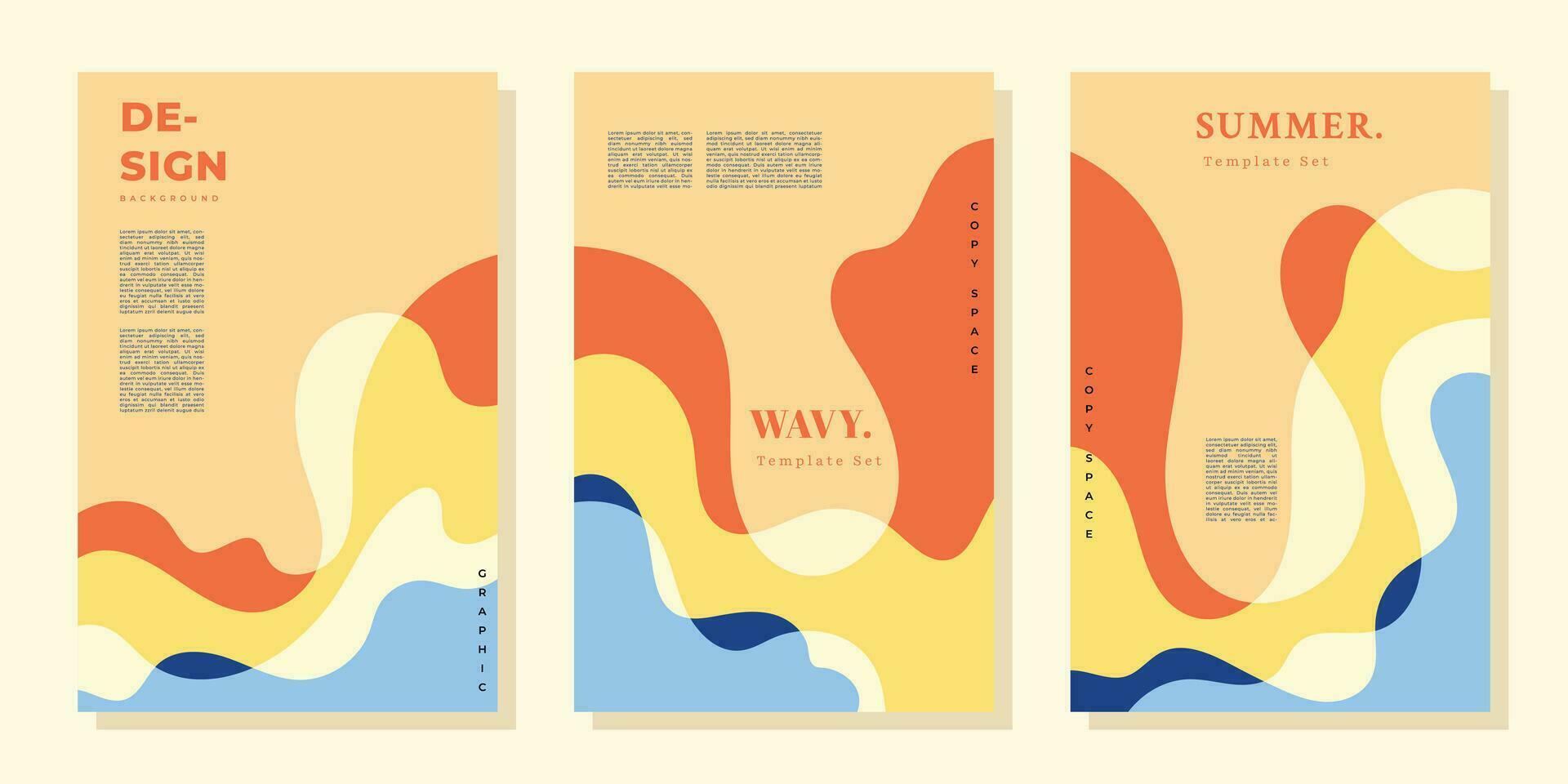 Wavy and vibrant background template copy space set. Fluid backdrop design for summer poster, banner, leaflet, brochure, magazine, flyer, pamphlet, or cover. vector
