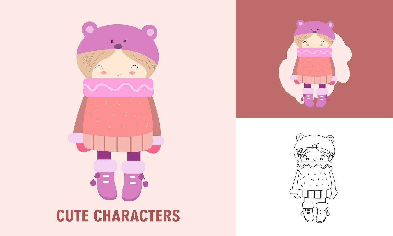 Cute character girl with cartoon illustration and coloring for kids vector