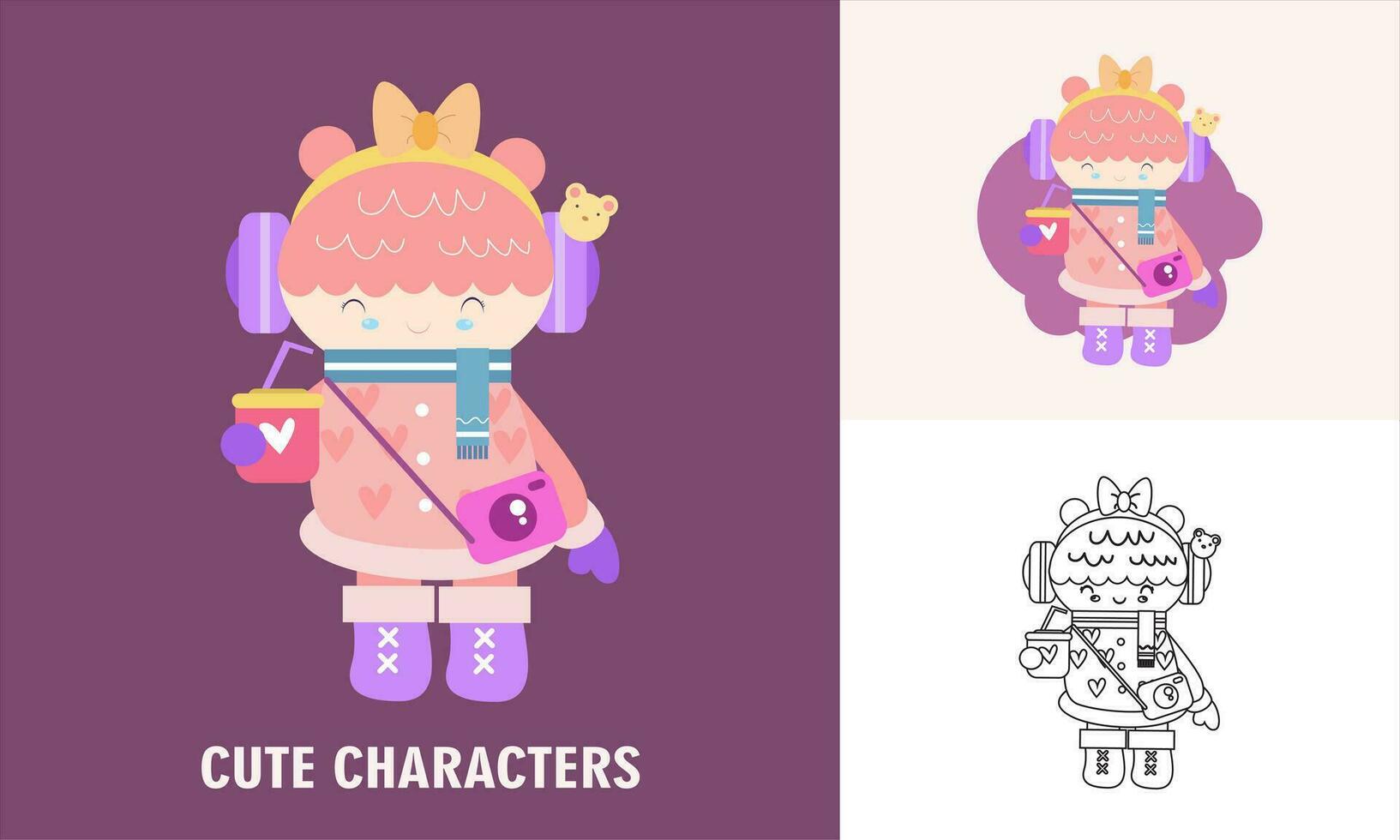 linda personaje niña con dibujos animados ilustración y colorante para niños vector