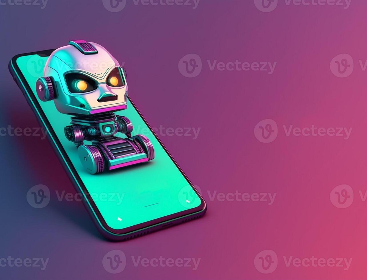 Futuristic robot in screen of smartphone. Concept of chatbot with artificial intelligence. photo