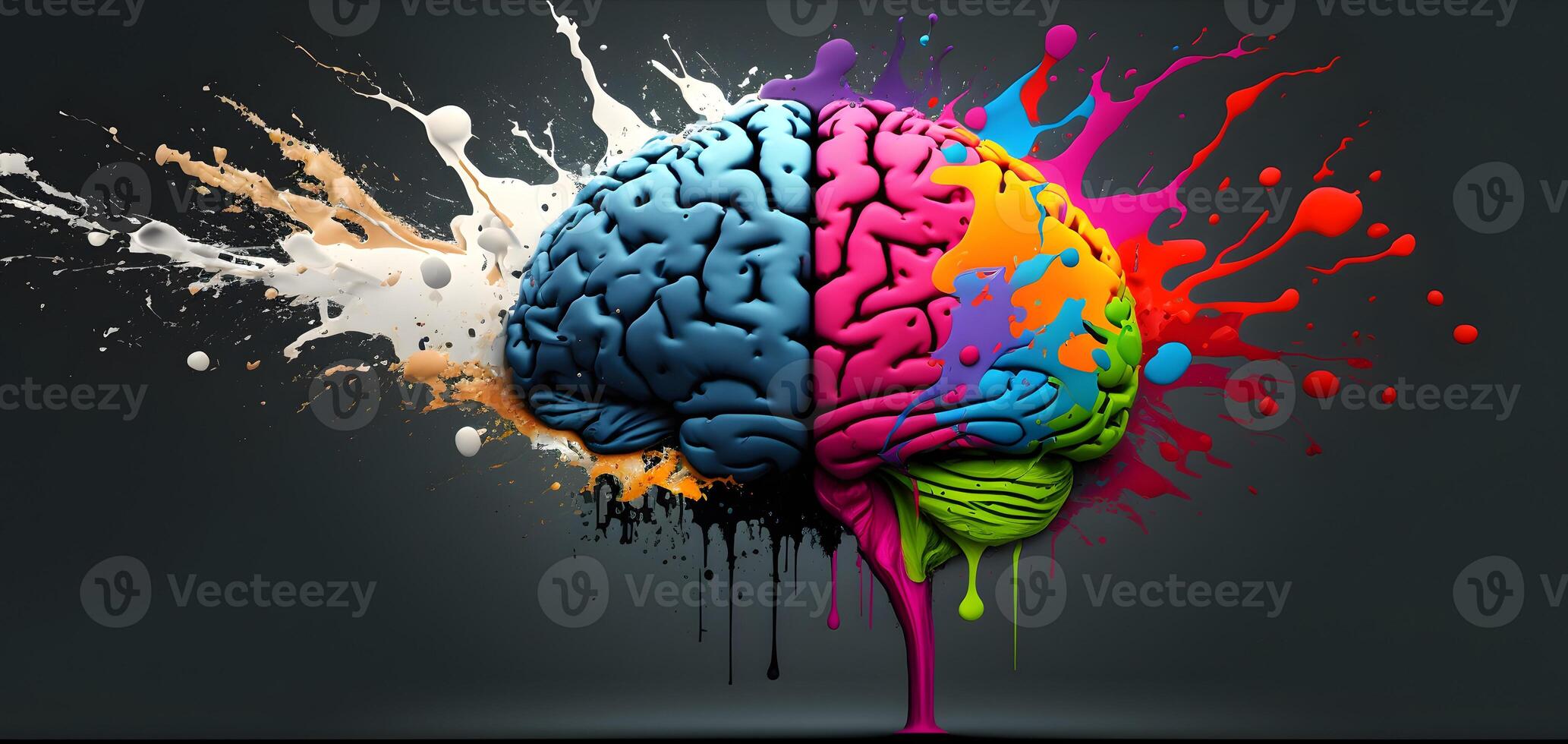 Human brain, colorful paint splashes and drops. photo