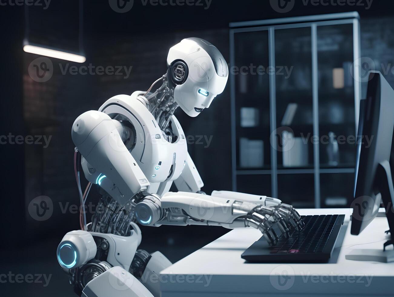 Futuristic robot using computer. photo