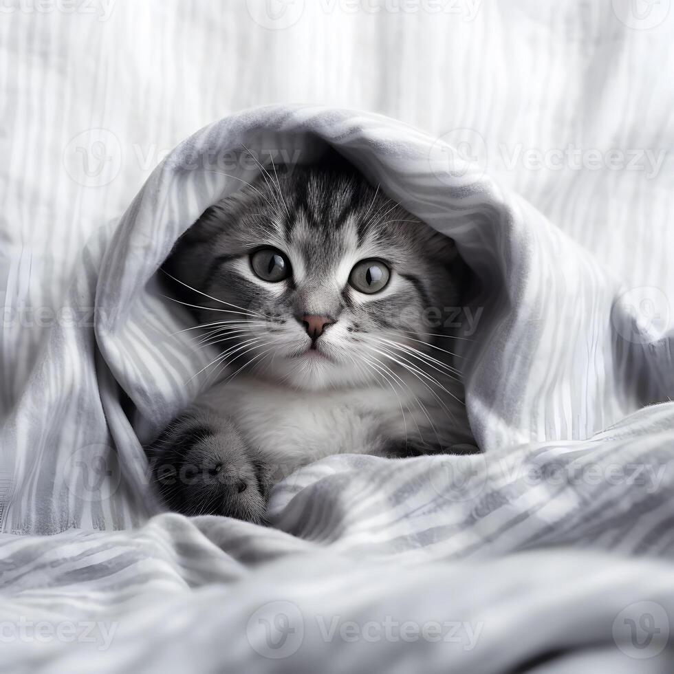 Cute kitten cat hidden under the blanket. 25481494 Stock Photo at Vecteezy