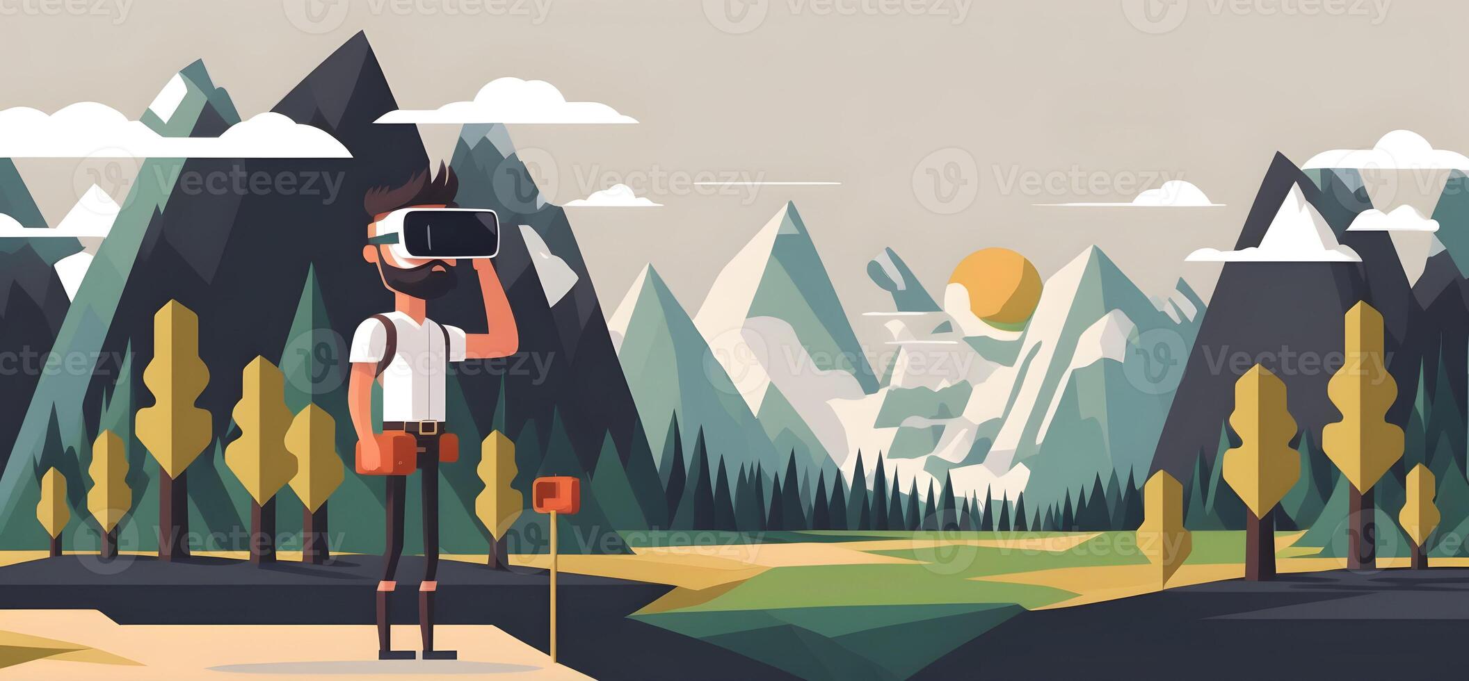 Man with VR headset traveling and experiencing virtual reality. photo