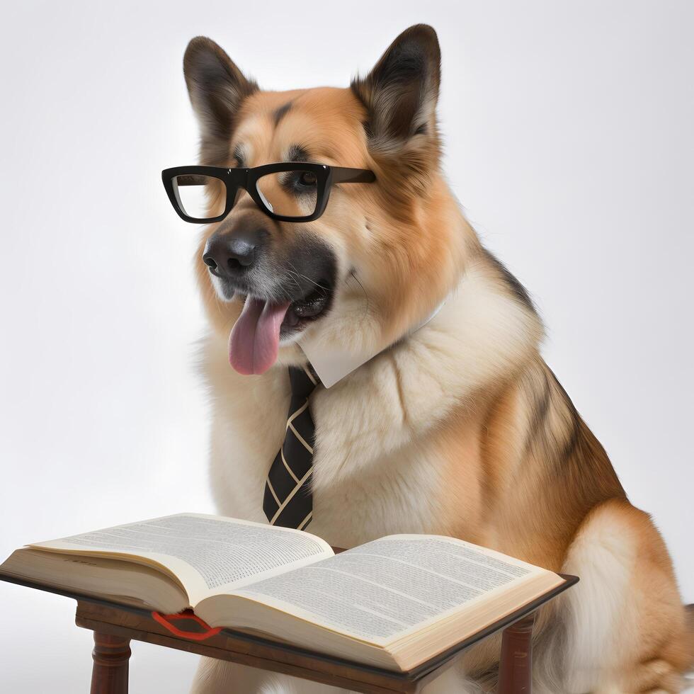Cute pet dog with eyeglasses and opened book. . photo