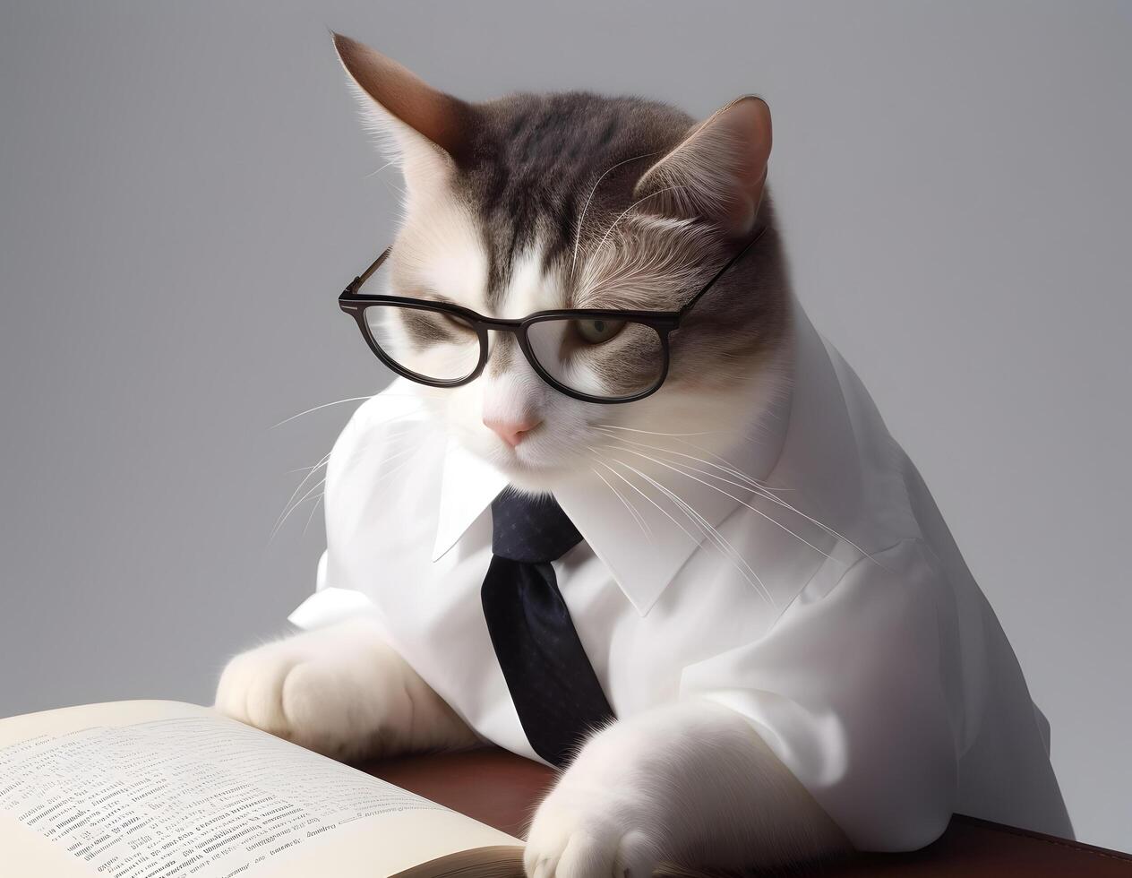 Cute pet cat with eyeglasses and opened book. . photo