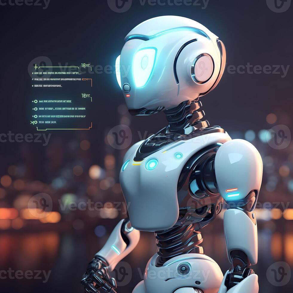 Robot beside data screen. Concept of chatbot with AI. photo