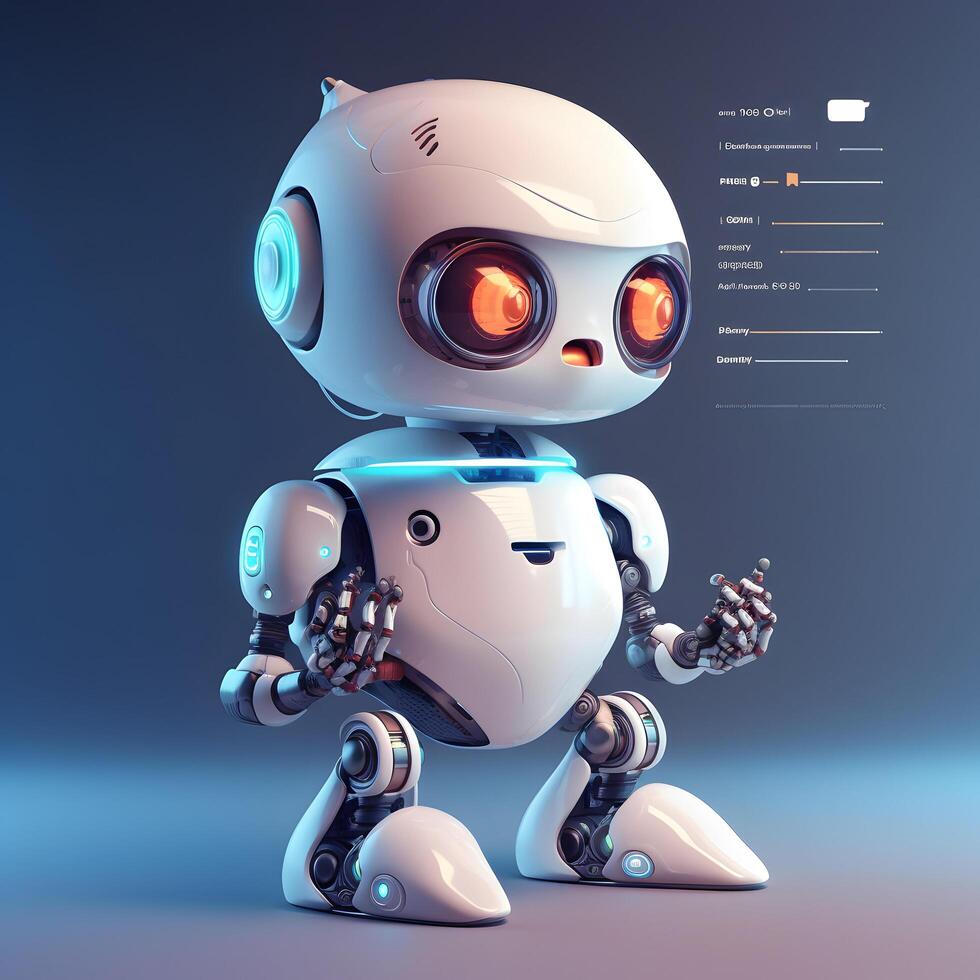 Robot beside data screen. Concept of chatbot with AI. photo