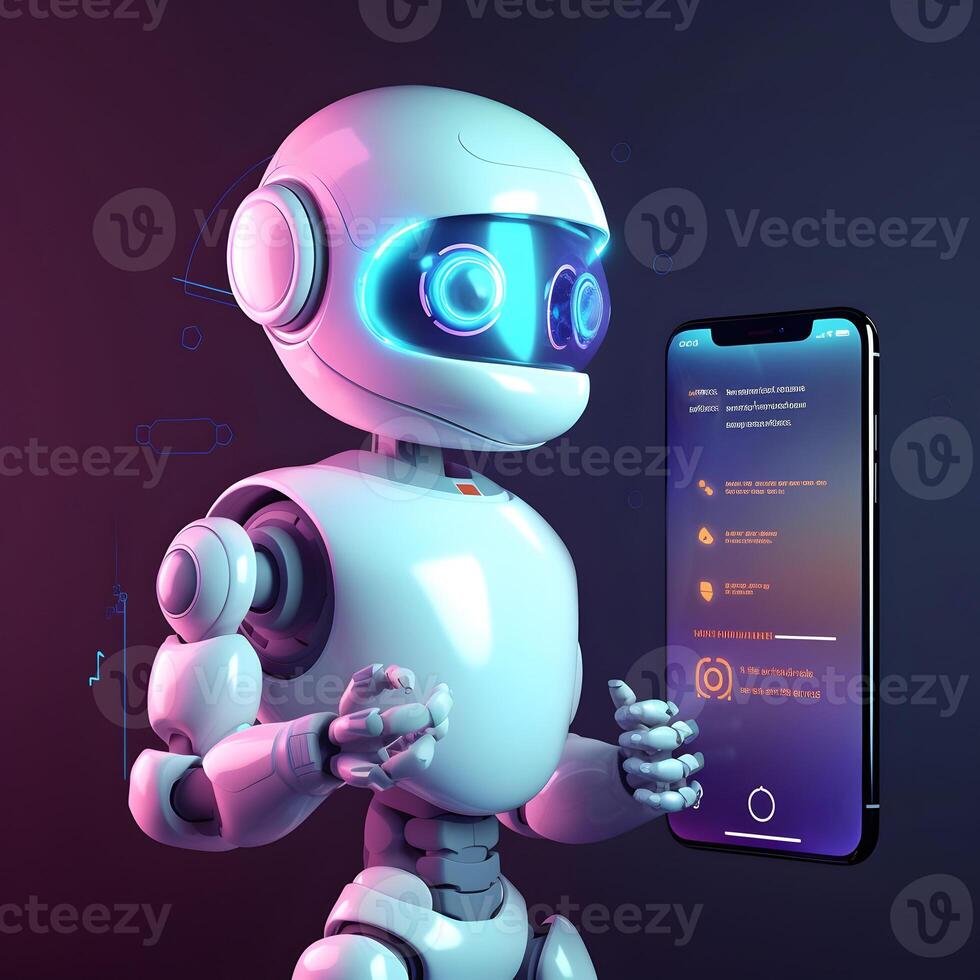 Robot beside smartphone. Concept of chatbot with AI. photo
