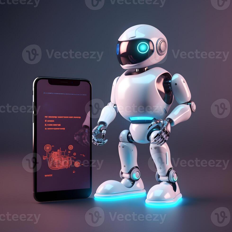 Robot beside smartphone. Concept of chatbot with AI. photo