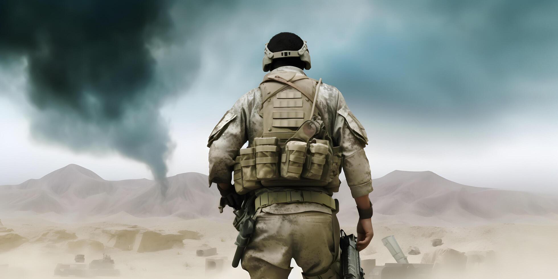 Back view of a soldier walking in battlefield. photo