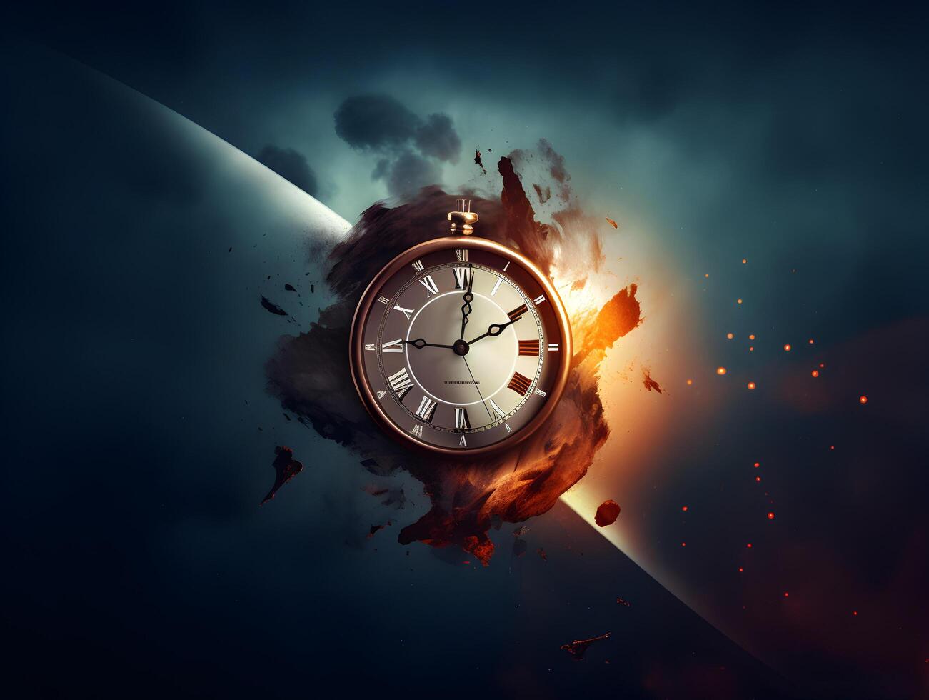 Clock with roman numbers. Concept of time flies, time passing, time exploration. photo