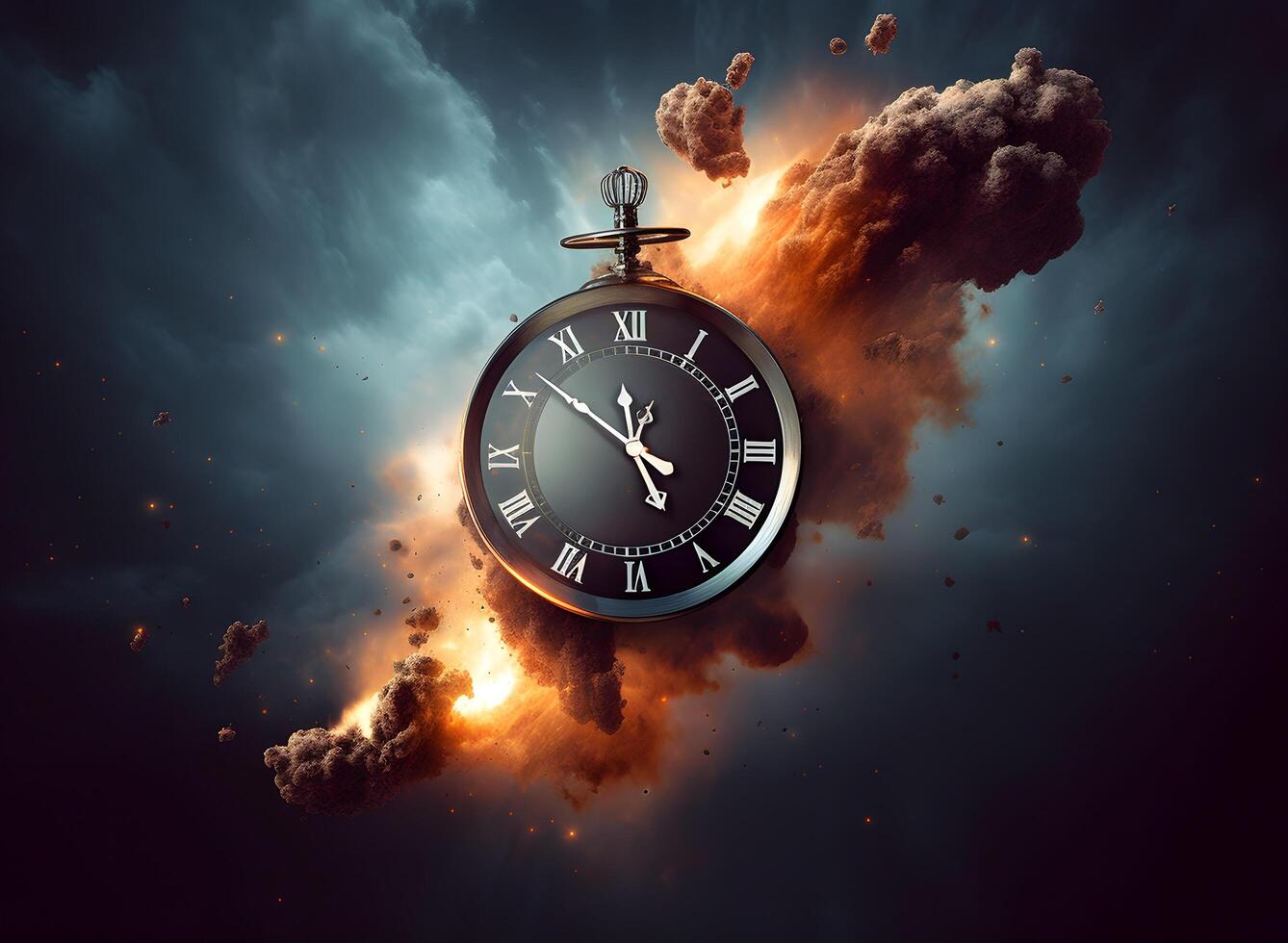Clock with roman numbers. Concept of time flies, time passing, time exploration. photo