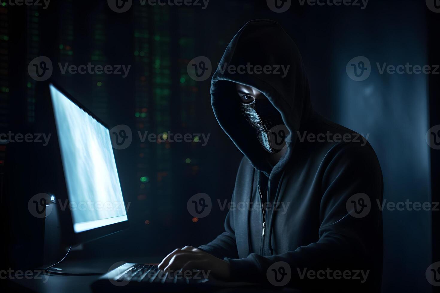 Hacker typing computer. Concept of cybercrime, cyberattack, dark web. photo