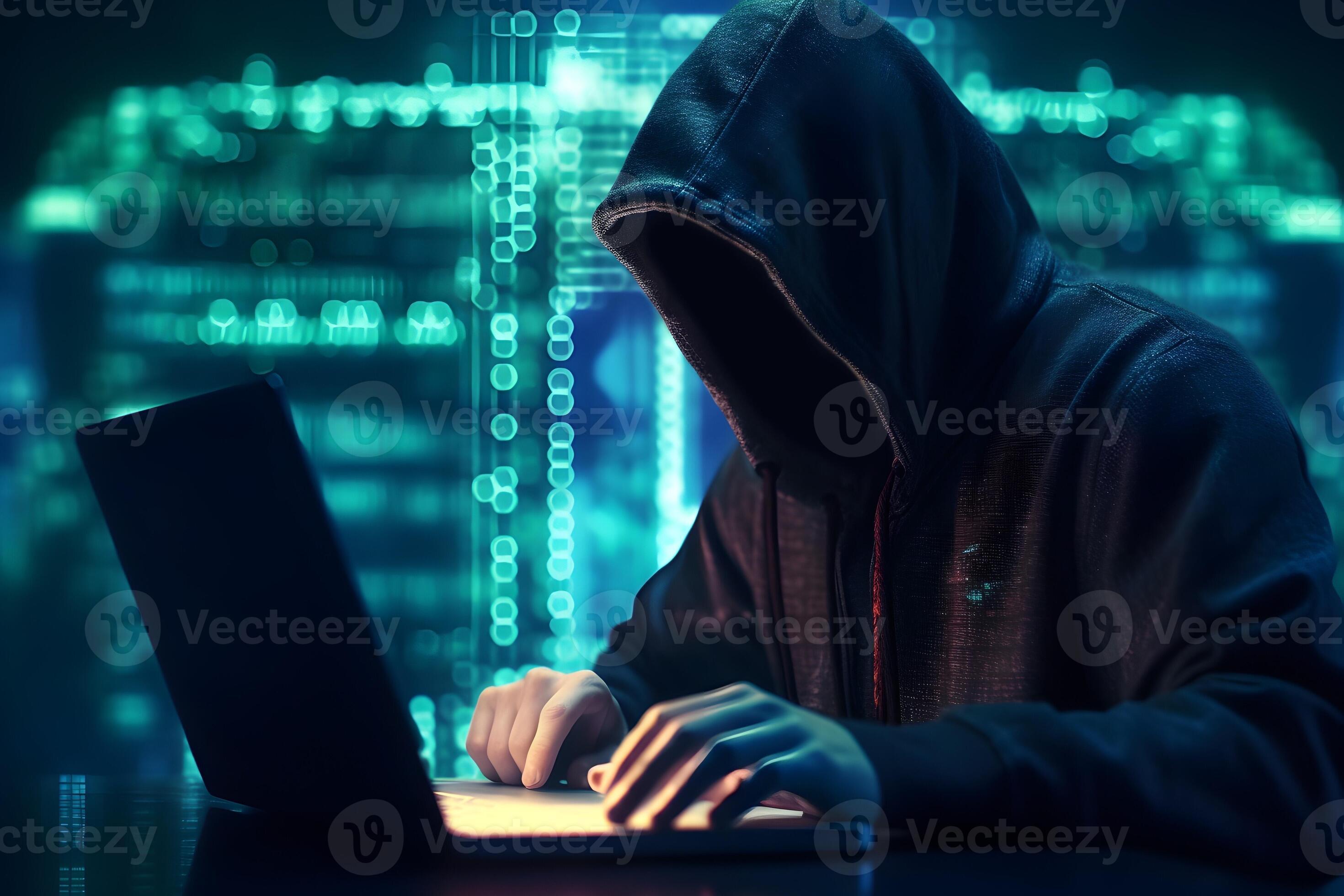 Hacker typing computer. Concept of cybercrime, cyberattack, dark web. AI generated 25481678