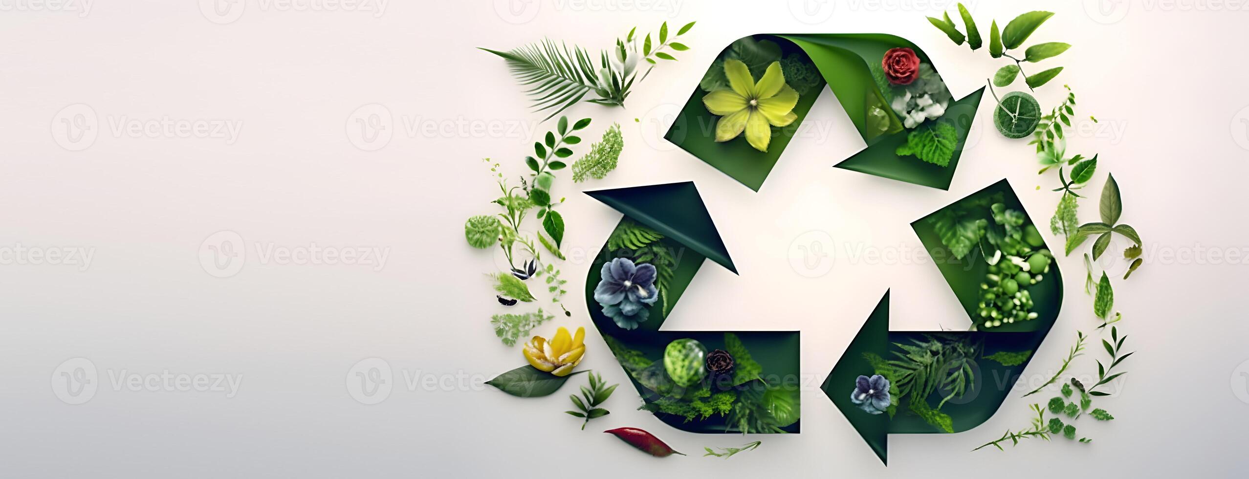 Recycling symbol ornate with green leaves and flowers. . photo
