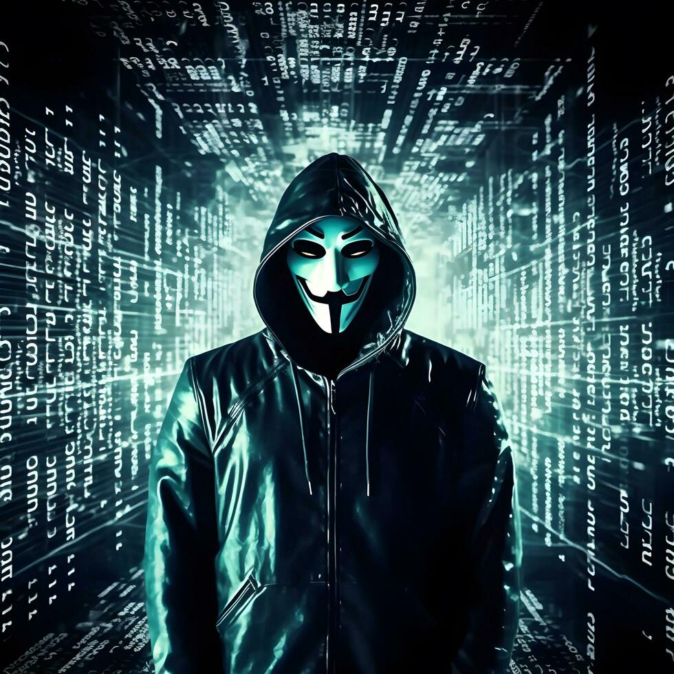 anónimo hacker concepto de ciberdelincuencia, ataque cibernetico, oscuro web. ai generado foto