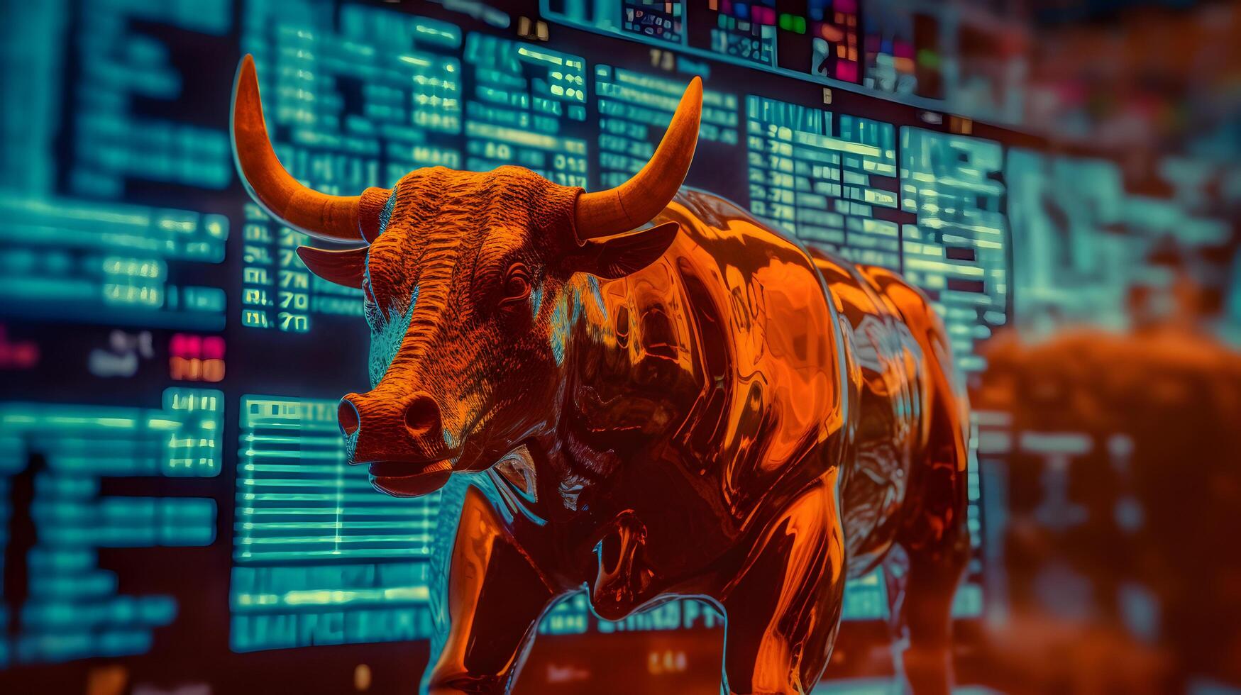 Bull with background of stock market board. Concept of bullish market. AI generated photo