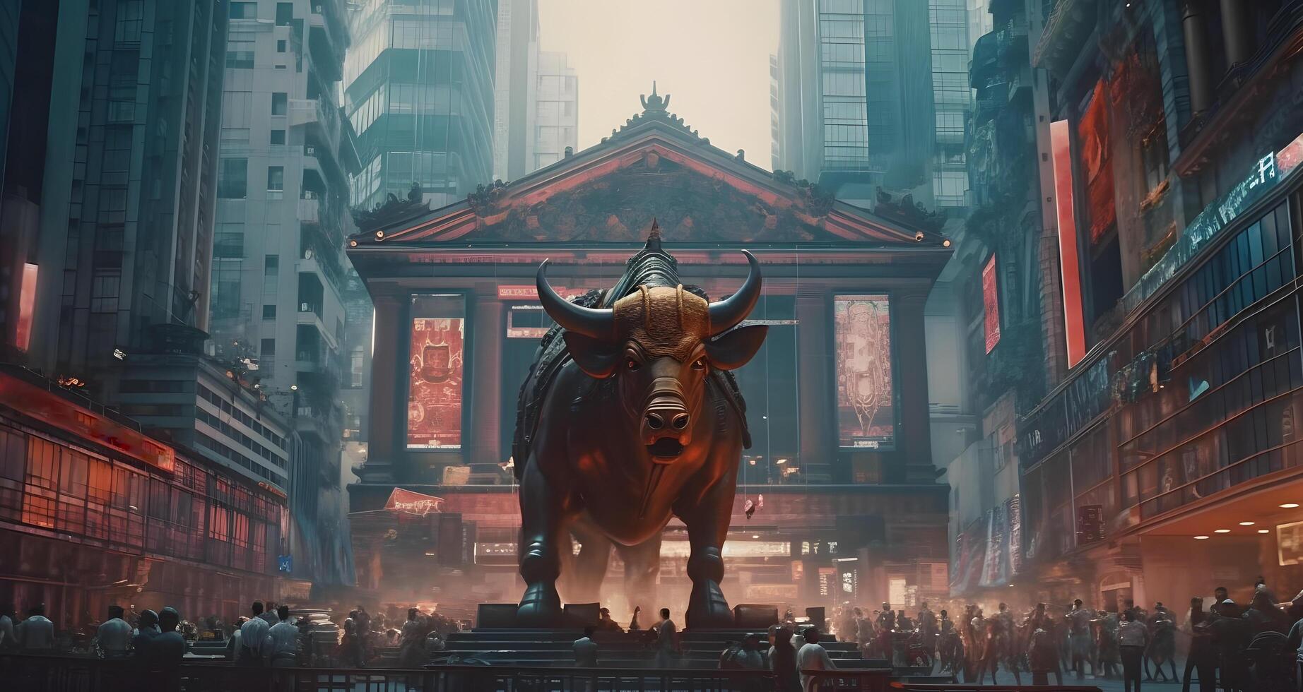 Bull with background of central bank. Concept of bullish market. AI generated photo