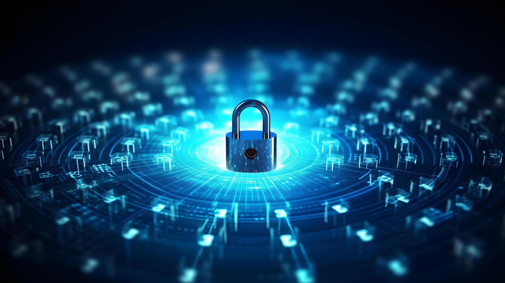 Lock on circuit pattern. Concept of data security and cybersecurity. photo