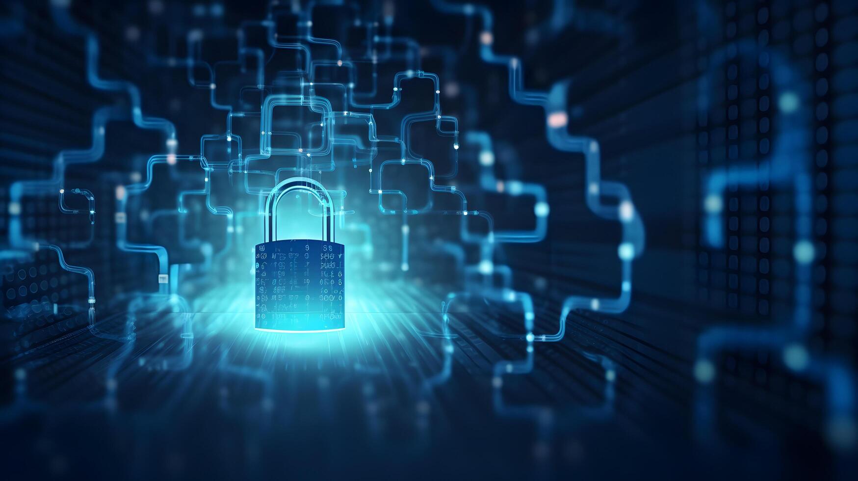 Lock on circuit pattern. Concept of data security and cybersecurity. photo