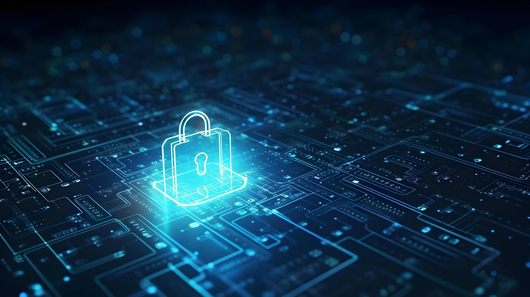 Lock on circuit pattern. Concept of data security and cybersecurity. photo