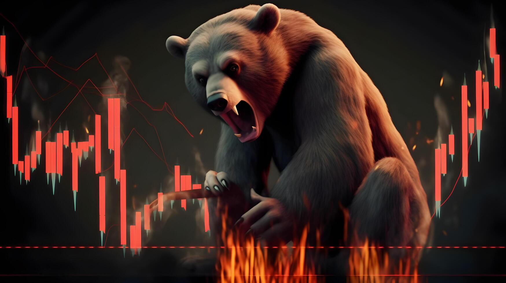 Bear with background of downtrend stock market. Concept of market crush. photo