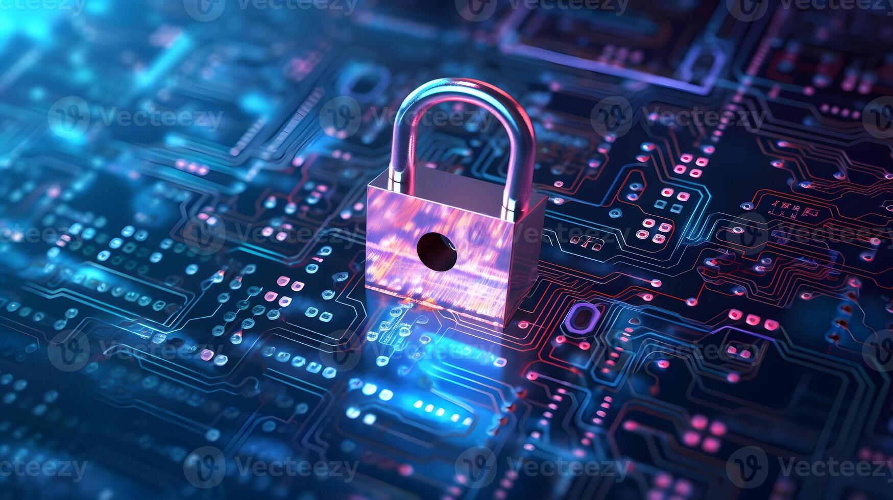 Lock on circuit pattern. Concept of data security and cybersecurity. photo