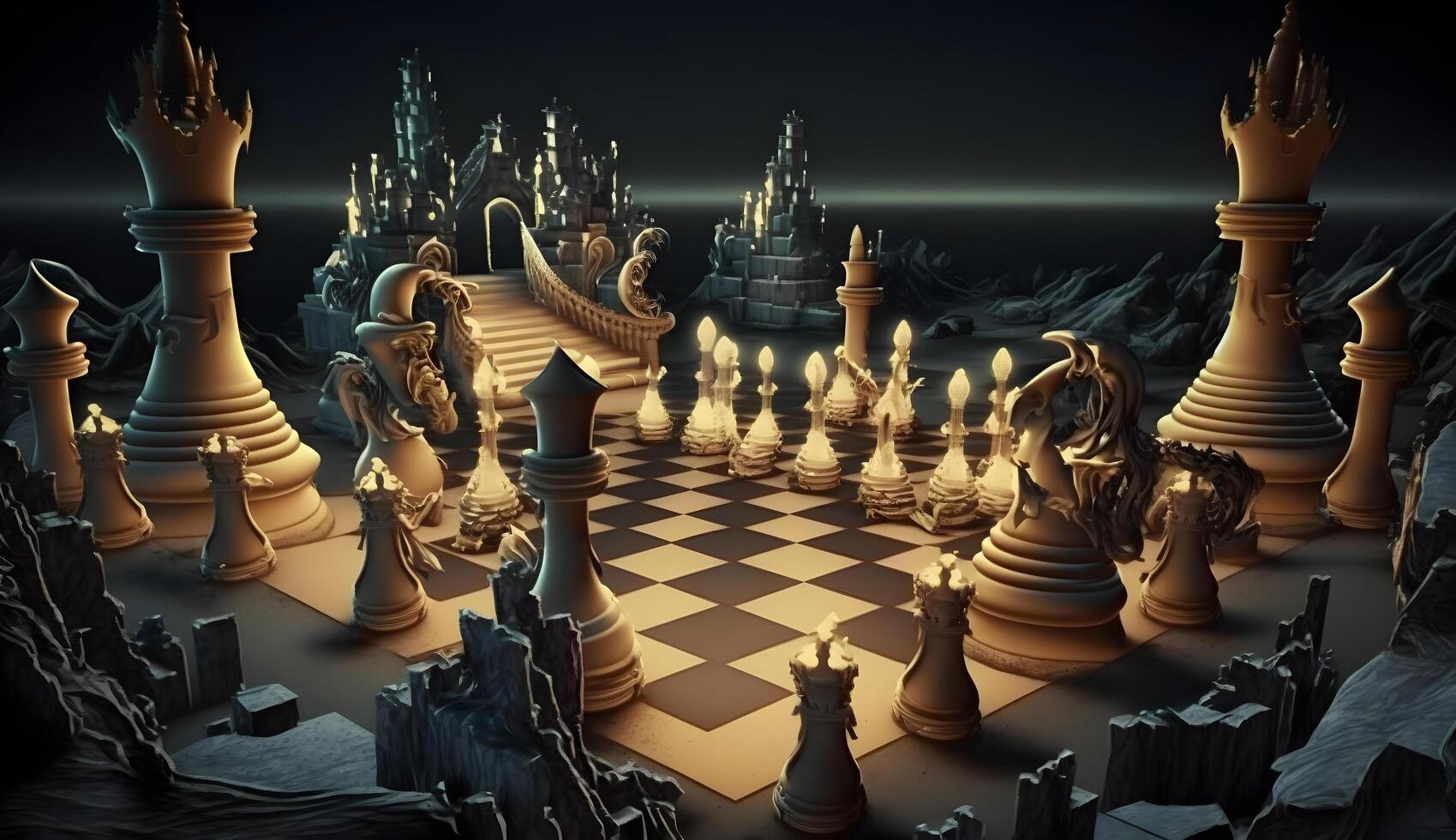 Ancient chess pieces on chessboard. Fantastic battlefield. AI generated photo