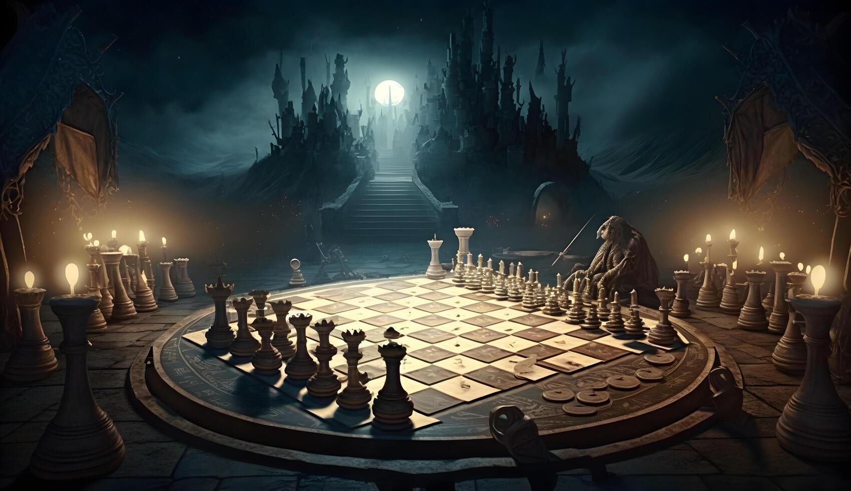 Ancient chess pieces on chessboard. Fantastic battlefield. AI generated photo