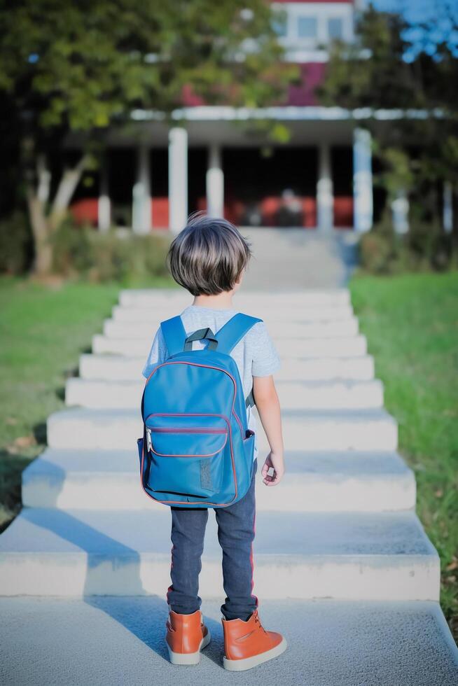 Student boy with backpack on way to school. Concept of back to school. photo