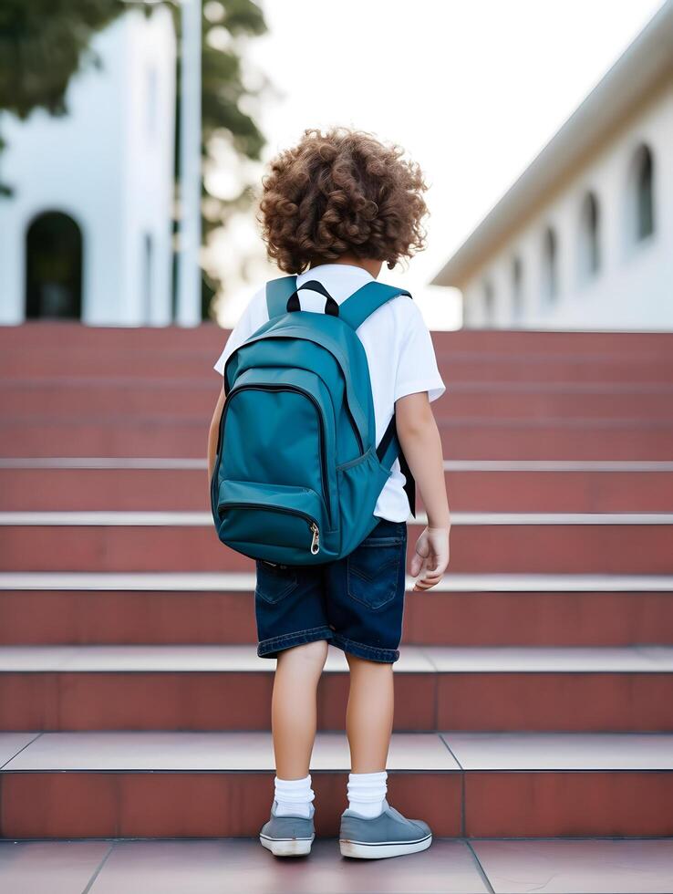 Student boy with backpack on way to school. Concept of back to school. photo