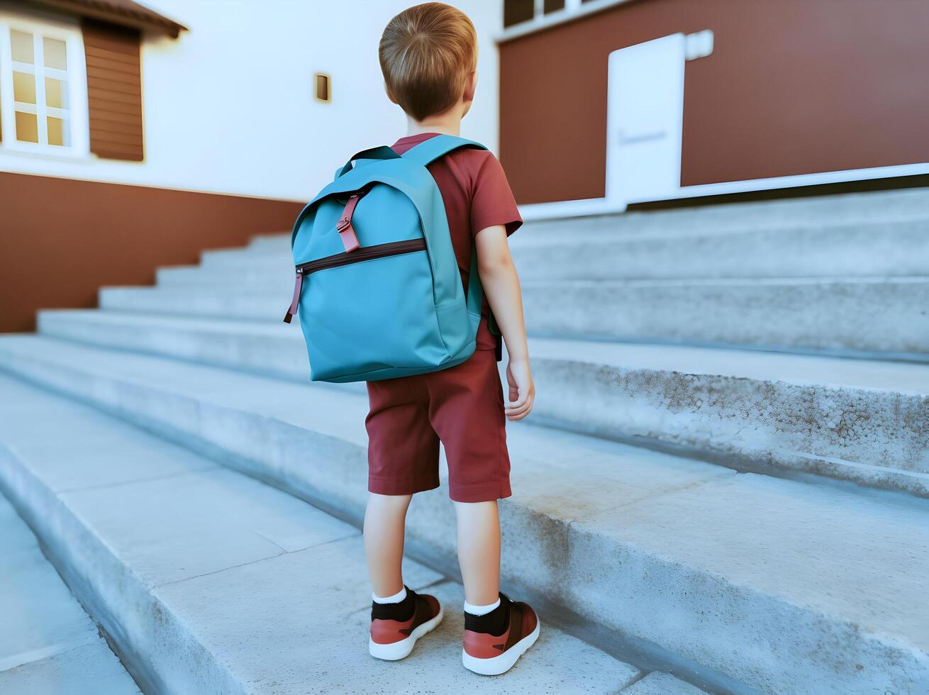 Student boy with backpack on way to school. Concept of back to school. photo