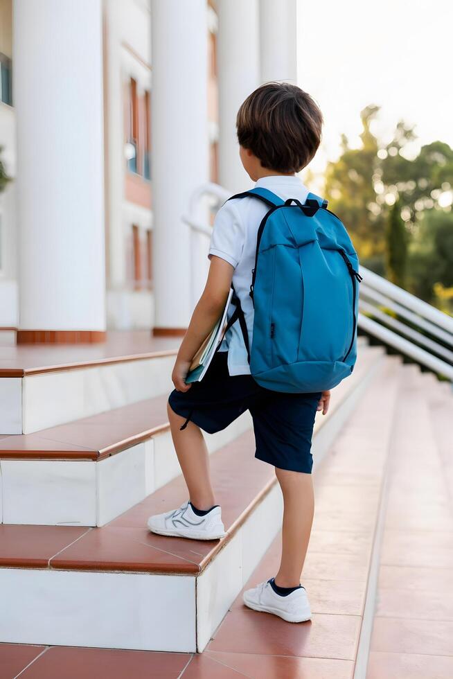 Student boy with backpack on way to school. Concept of back to school. photo