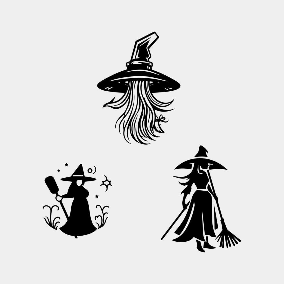 set of Silhouette of a witch flying on a broomstick vector isolated on white background