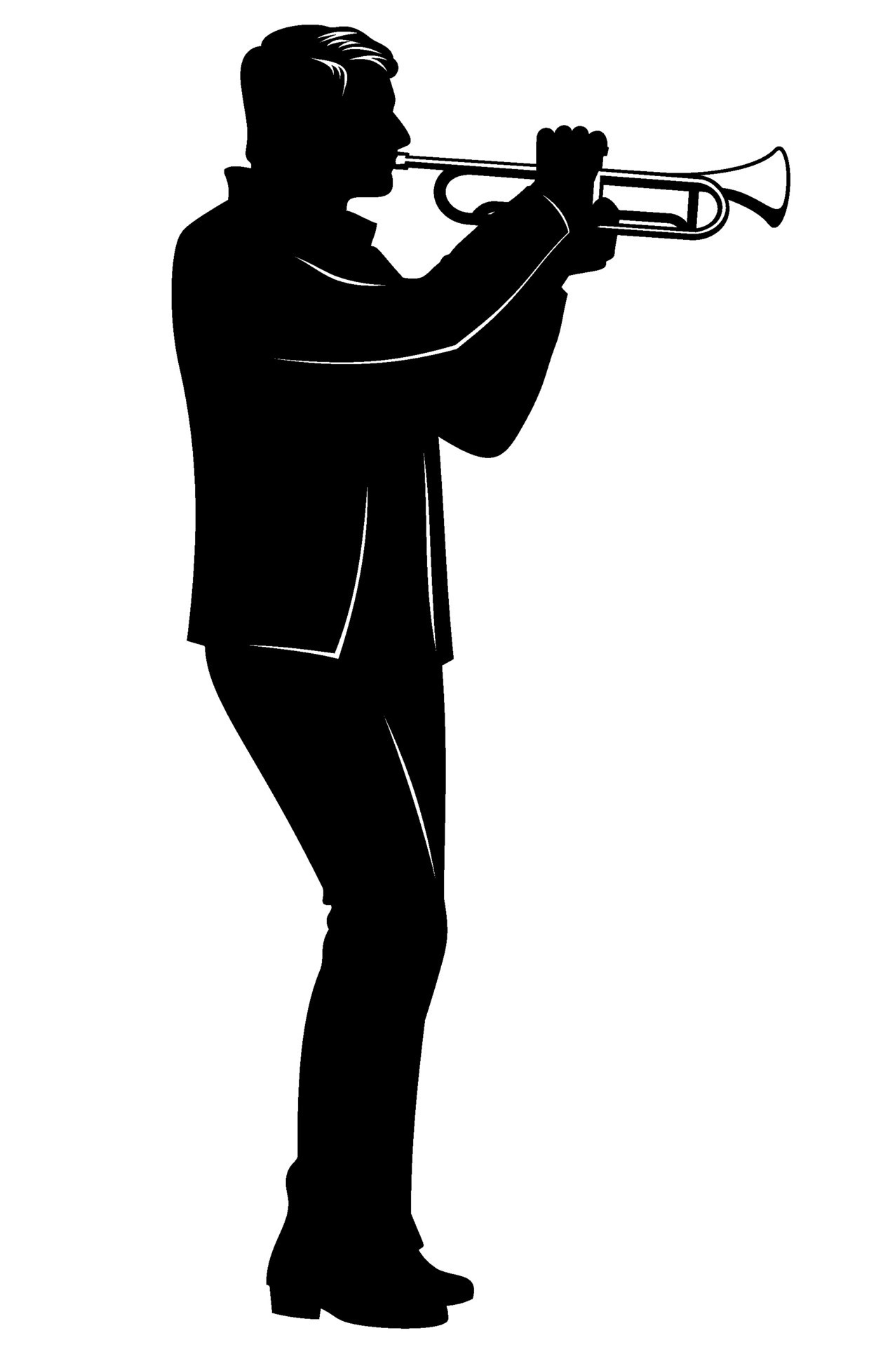 Silhouette of man playing on a trumpet. Vector clipart isolated on
