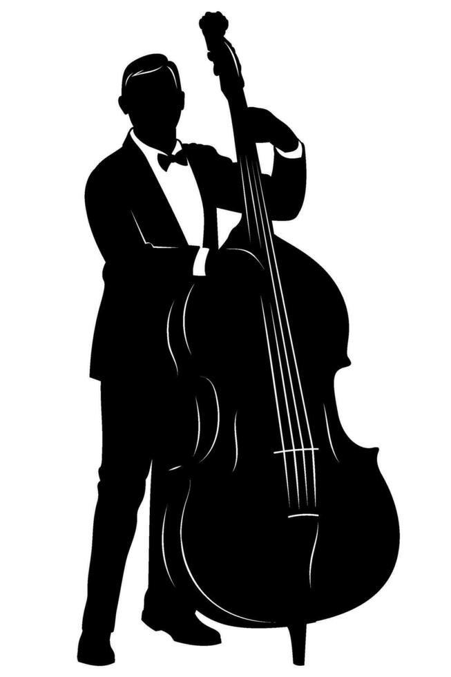 Silhouette of man playing on contrabass. Vector clipart isolated on white.