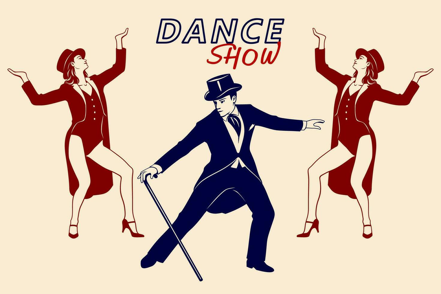 Dance Show Silhouette Poster. Two women and man in retro suits dancing. Vector cliparts isolated on white.