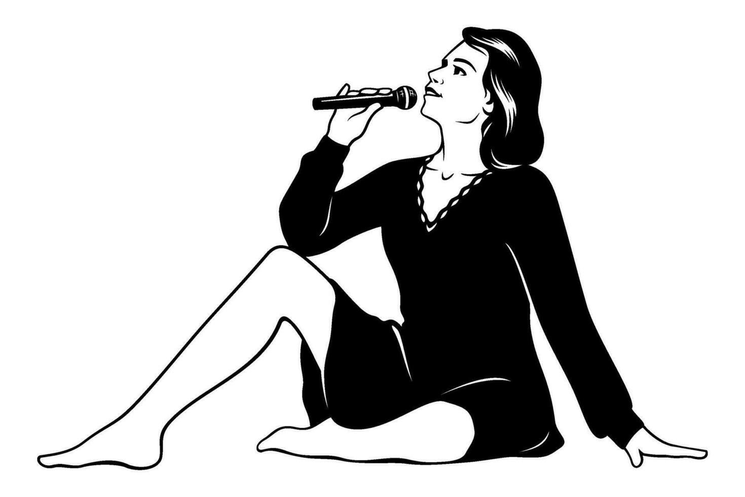 un descalzo cantante mujer sentado en un piso, o piano, o mesa, o alguna cosa demás. plantilla silueta. vector clipart aislado en blanco.