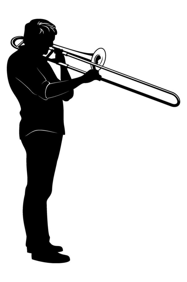 Silhouette of man playing on a trombone. Vector clipart isolated on white.