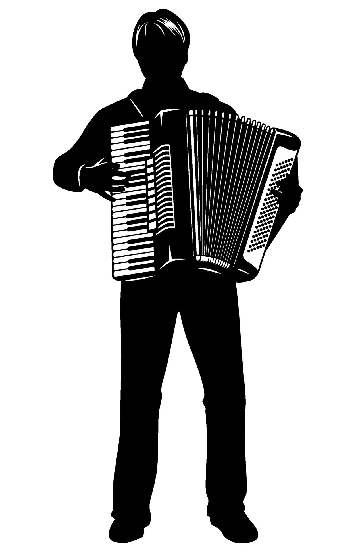 Silhouette of man playing on accordion. Vector clipart isolated on