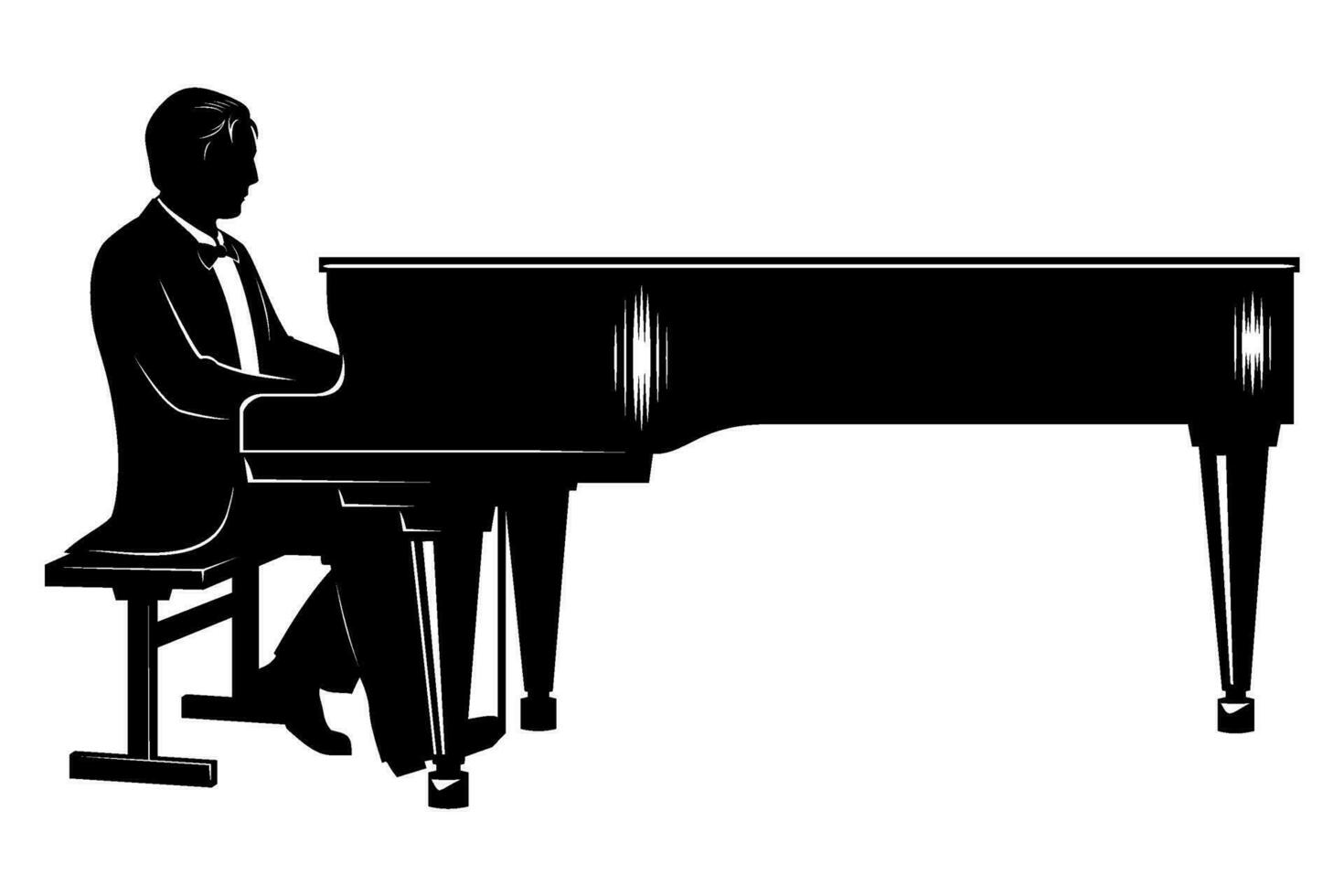 Silhouette of man playing on a piano. Vector clipart isolated on white.