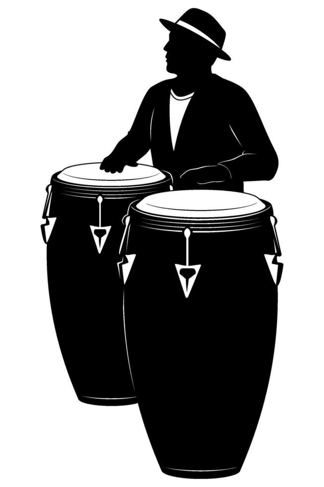 Silhouette of man playing on a percussion. Vector clipart isolated on white.