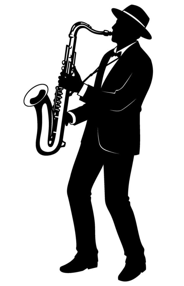 Silhouette of man playing on a saxophone. Vector clipart isolated on white.