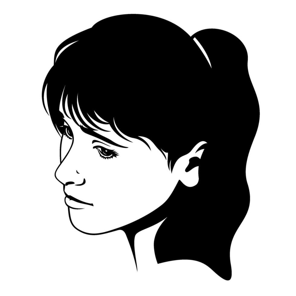 Woman Face Silhouette. Black and white sad girl portrait. Vector clipart isolated on white.