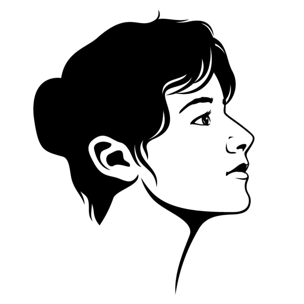 mujer cara silueta. negro y blanco niña perfil retrato. vector clipart aislado en blanco.