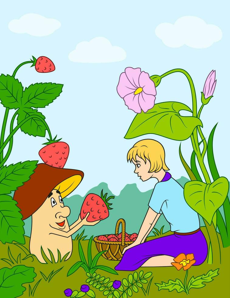 champiñón, fresa y pequeño muchacha. vector ilustración para niños.