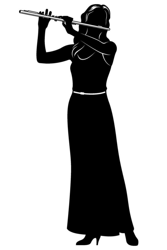 Silhouette of woman playing on a flute. Vector clipart isolated on white.