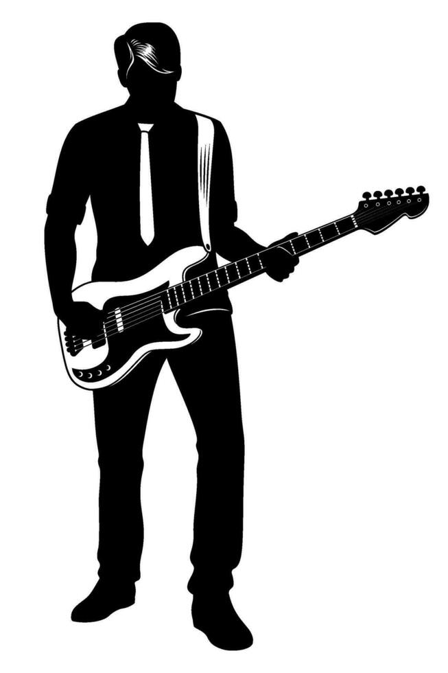 Silhouette of man playing on electric guitar. Vector clipart isolated on white.