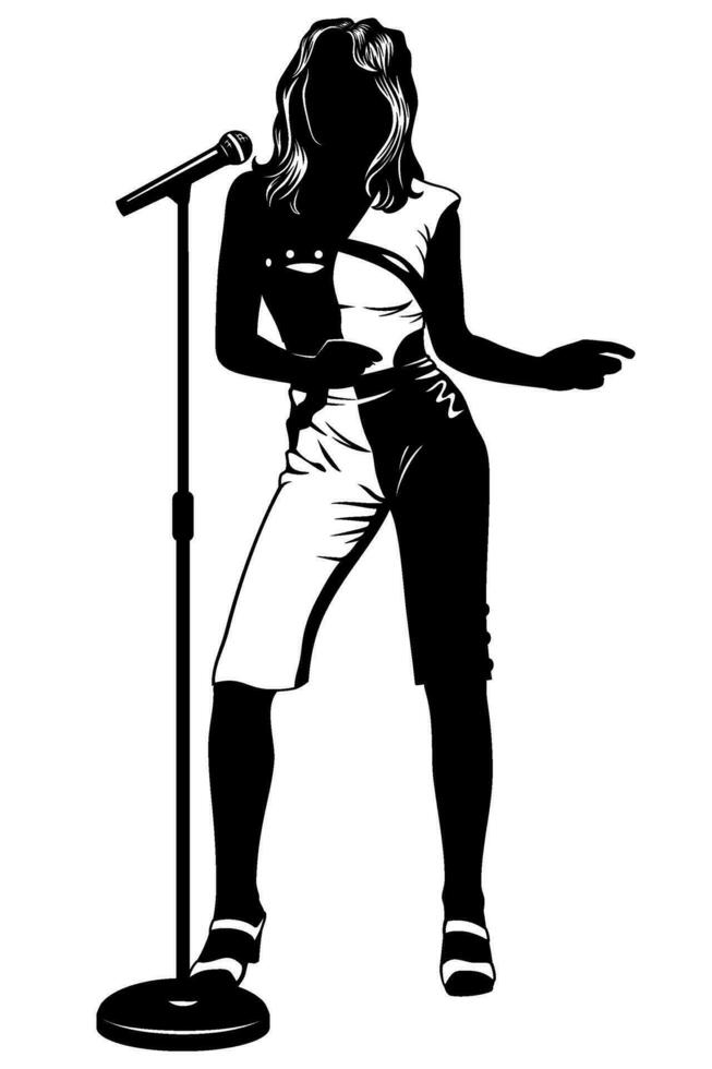 Silhouette of disco singer woman. Vector clipart isolated on white.